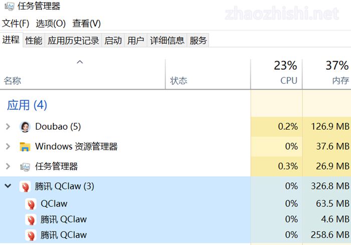 腾讯小龙虾QClaw的内存占用属于中等偏高